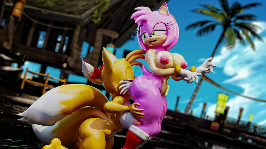 16:9 3d_(artwork) amy_rose anal anthro blender_(software) boots breasts butt canid canine clothing crossgender digital_media_(artwork) duo eulipotyphlan female female/female footwear fox fur glistening glistening_body gloves hair half-closed_eyes hands_on_thighs handwear hedgehog hi_res mammal miles_prower mostly_nude mtf_crossgender multi_tail narrowed_eyes nipples nude oral palisal pink_body ponytail rimming rubber_creature sega sex side_view sonic_the_hedgehog_(series) widescreen yellow_body yellow_fur