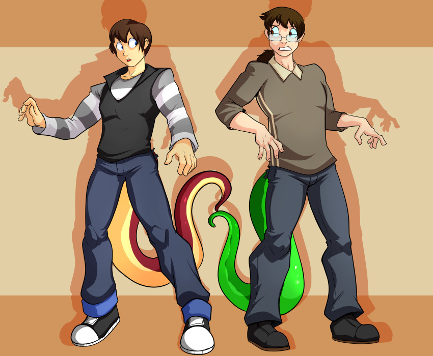 absurd_res brown_hair clothed clothing duo eyewear fully_clothed glasses green_body green_scales growth hair hi_res human jaeh male mammal red_body red_scales scales surprise tail_growth transformation transformation_sequence