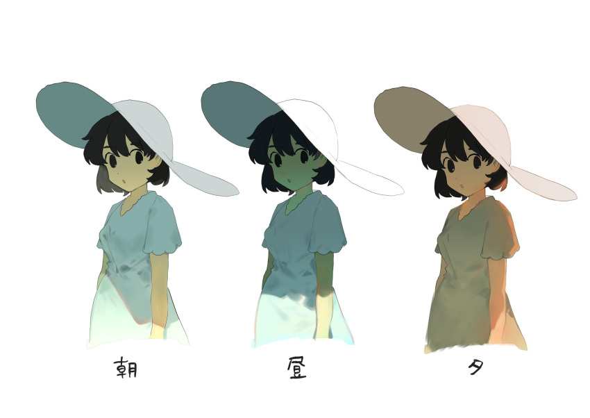 1girl :o backlighting bangs black_eyes black_hair breasts dress hat highres kakuremino_(mnt55) light looking_at_viewer original short_hair short_sleeves sidelocks simple_background solo sun_hat sundress translated upper_body white_background white_dress white_headwear