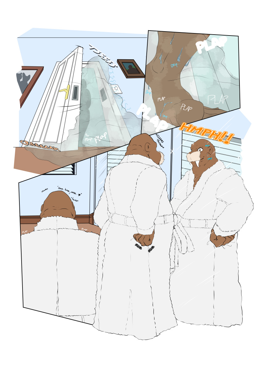 absurd_res anthro bathroom clothing comic feet hi_res inside kyrgz male mammal marine mirror mirror_reflection obese overweight pinniped reflection robe royce_character solo steam walrus wet