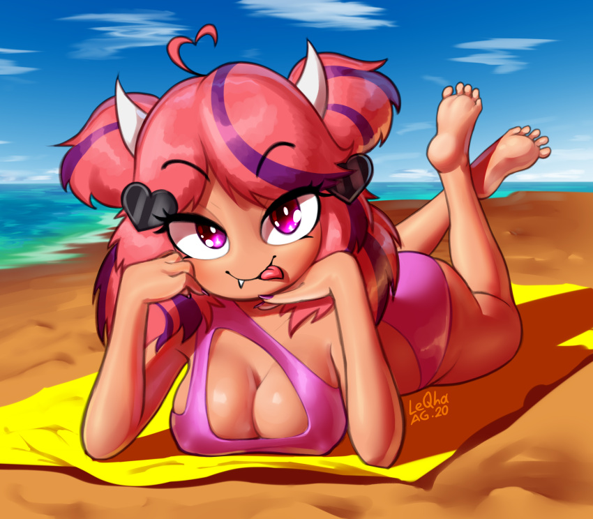 2020 5_toes barefoot beach bikini breasts cleavage clothed clothing cloud eyelashes feet female hi_res horn horned_humanoid humanoid humanoid_feet ironmouse leqha looking_at_viewer lying not_furry on_front purple_eyes sea seaside sky smile soles solo swimwear tan_body tan_skin toes tongue tongue_out towel vtuber water
