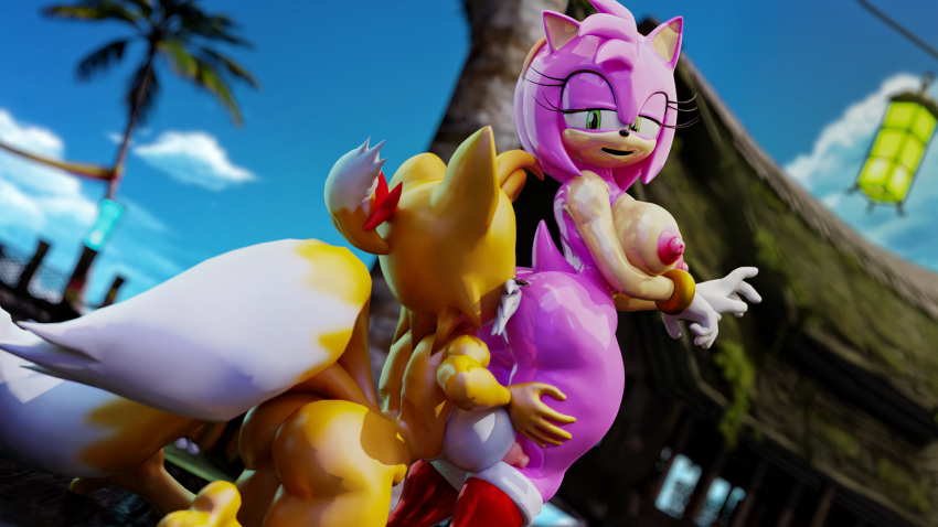 16:9 3d_(artwork) amy_rose anal anthro blender_(software) boots breasts butt canid canine clothing crossgender digital_media_(artwork) duo eulipotyphlan female female/female footwear fox fur glistening glistening_body gloves hair half-closed_eyes hands_on_thighs handwear hedgehog hi_res mammal miles_prower mostly_nude mtf_crossgender multi_tail narrowed_eyes nipples nude oral palisal pink_body ponytail rear_view rimming rubber_creature sega sex sonic_the_hedgehog_(series) widescreen yellow_body yellow_fur