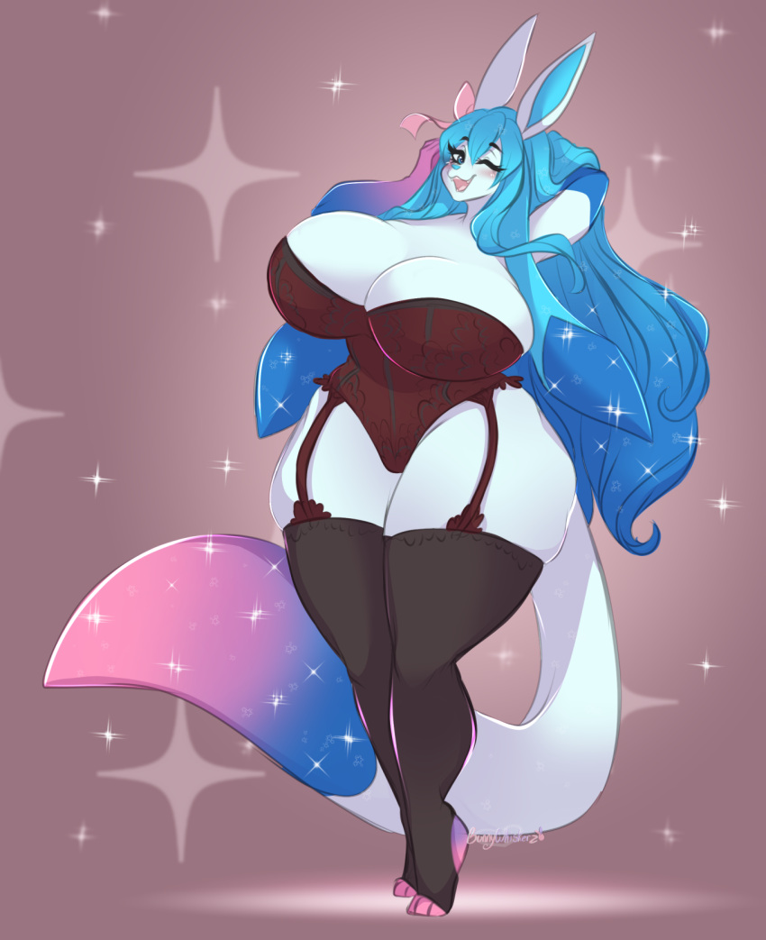 2021 anthro big_breasts blue_hair blush breasts bunnywhiskerz canid cleavage clothed clothing curvy_figure eeveelution female garter_straps glaceon hair hand_behind_head hi_res huge_breasts legwear lingerie long_hair looking_at_viewer mammal nintendo one_eye_closed open_mouth pink_nose pok&eacute;mon pok&eacute;mon_(species) simple_background smile solo sparkles stockings teddy_(clothing) thick_thighs video_games voluptuous white_body wide_hips wink