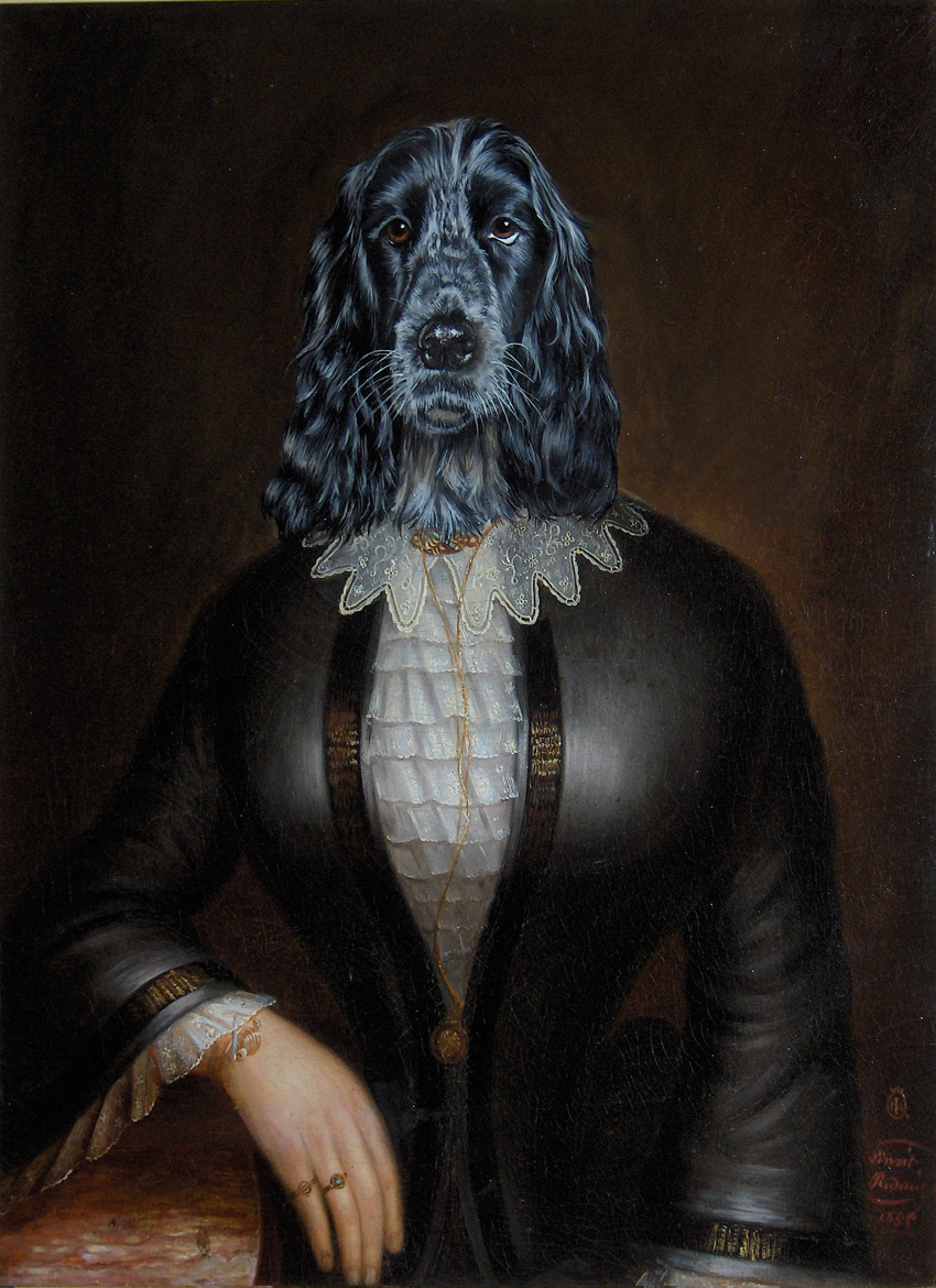 19th_century ancient_furry_art anthro bird_dog black_nose blue_body blue_fur brown_eyes canid canine canis clothed clothing cocker_spaniel domestic_dog female fully_clothed fur glistening glistening_nose half-length_portrait hi_res humanoid_hands hunting_dog lace looking_at_viewer mammal oil_painting_(artwork) painting_(artwork) portrait proper_art realistic ring_(jewelry) solo spaniel traditional_media_(artwork) unknown_artist whiskers