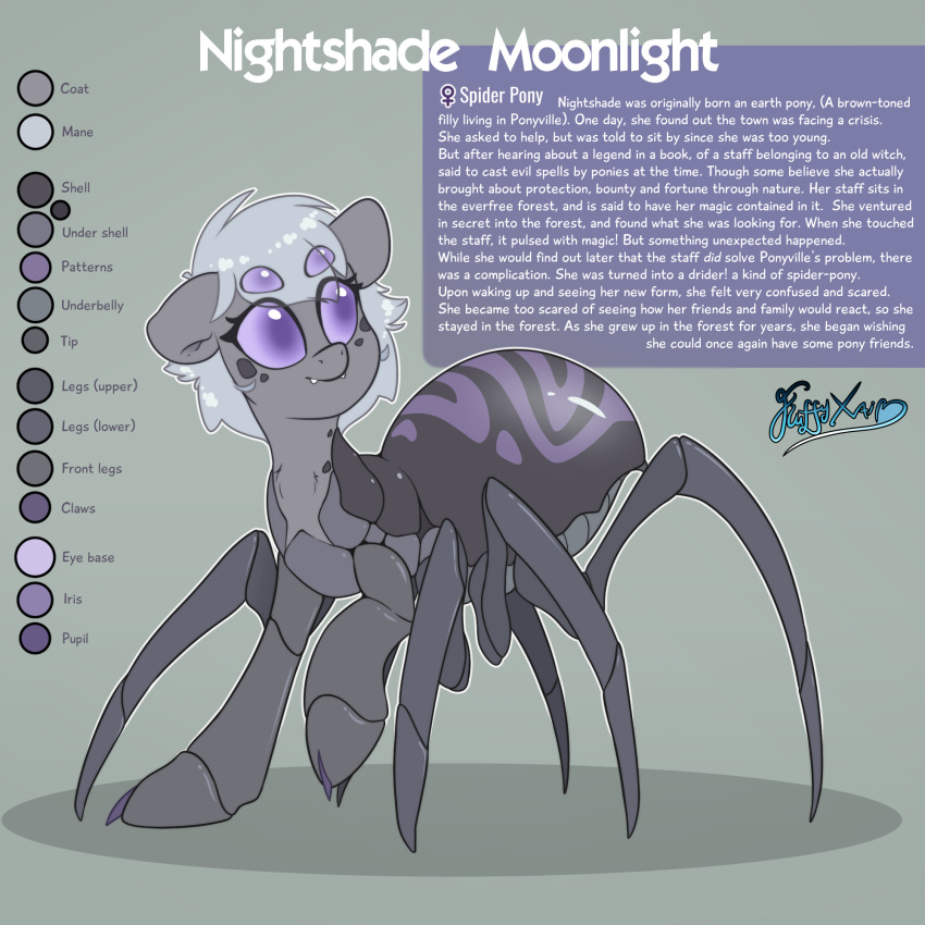 1:1 4_eyes 8_legs arachnid arachnid_taur arthropod arthropod_taur dialogue english_text fangs fluffyxai grey_hair hair hasbro hi_res hybrid looking_up model_sheet multi_eye my_little_pony purple_eyes solo spider spider_taur spiderpony taur text