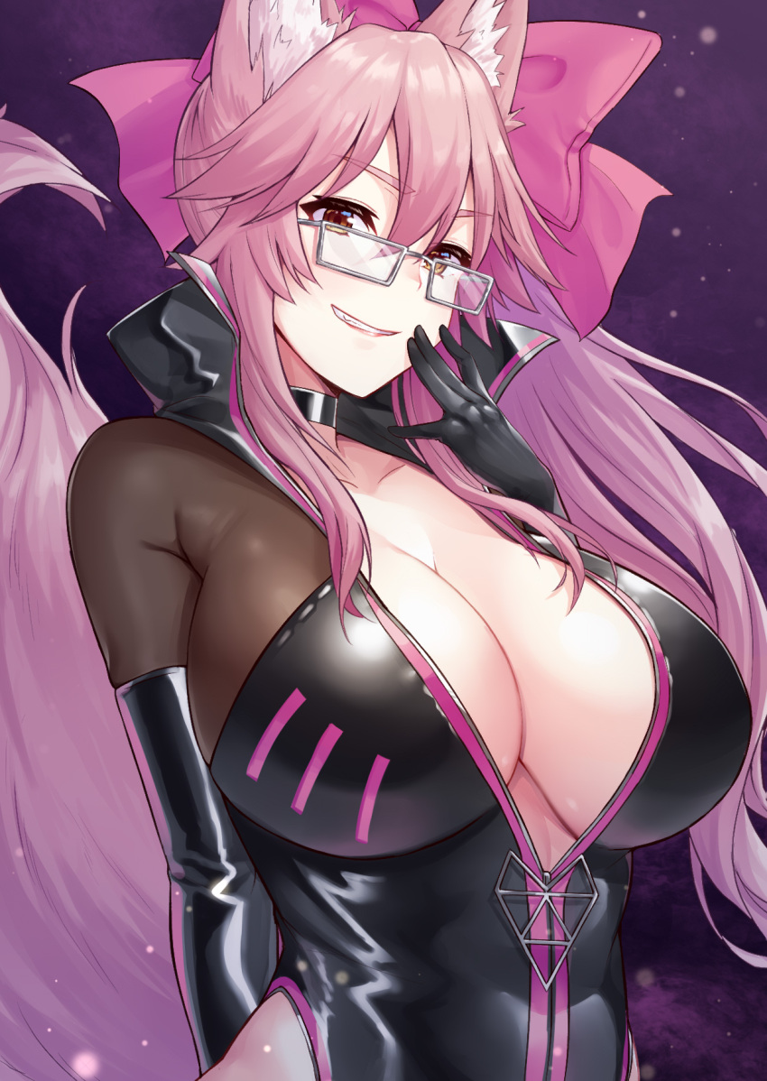 1girl animal_ear_fluff animal_ears black_bodysuit bodysuit breasts fate/grand_order fate_(series) fox_ears fox_girl fox_tail glasses grey-framed_eyewear hair_between_eyes highres koyanskaya_(fate) large_breasts pink_hair sidelocks solo tail tamamo_(fate)_(all) tenneko_yuuri upper_body yellow_eyes