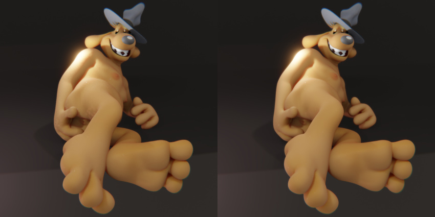 2:1 3d_(artwork) anthro anus biped butt canid canine canis clothing cross_eye_stereogram digital_media_(artwork) domestic_dog fur genitals hat headgear headwear hi_res lying machv99 male mammal mostly_nude on_side open_mouth presenting presenting_anus sam_and_max samuel_dog side_by_side_stereogram simple_background slightly_chubby solo spread_butt spreading stereogram
