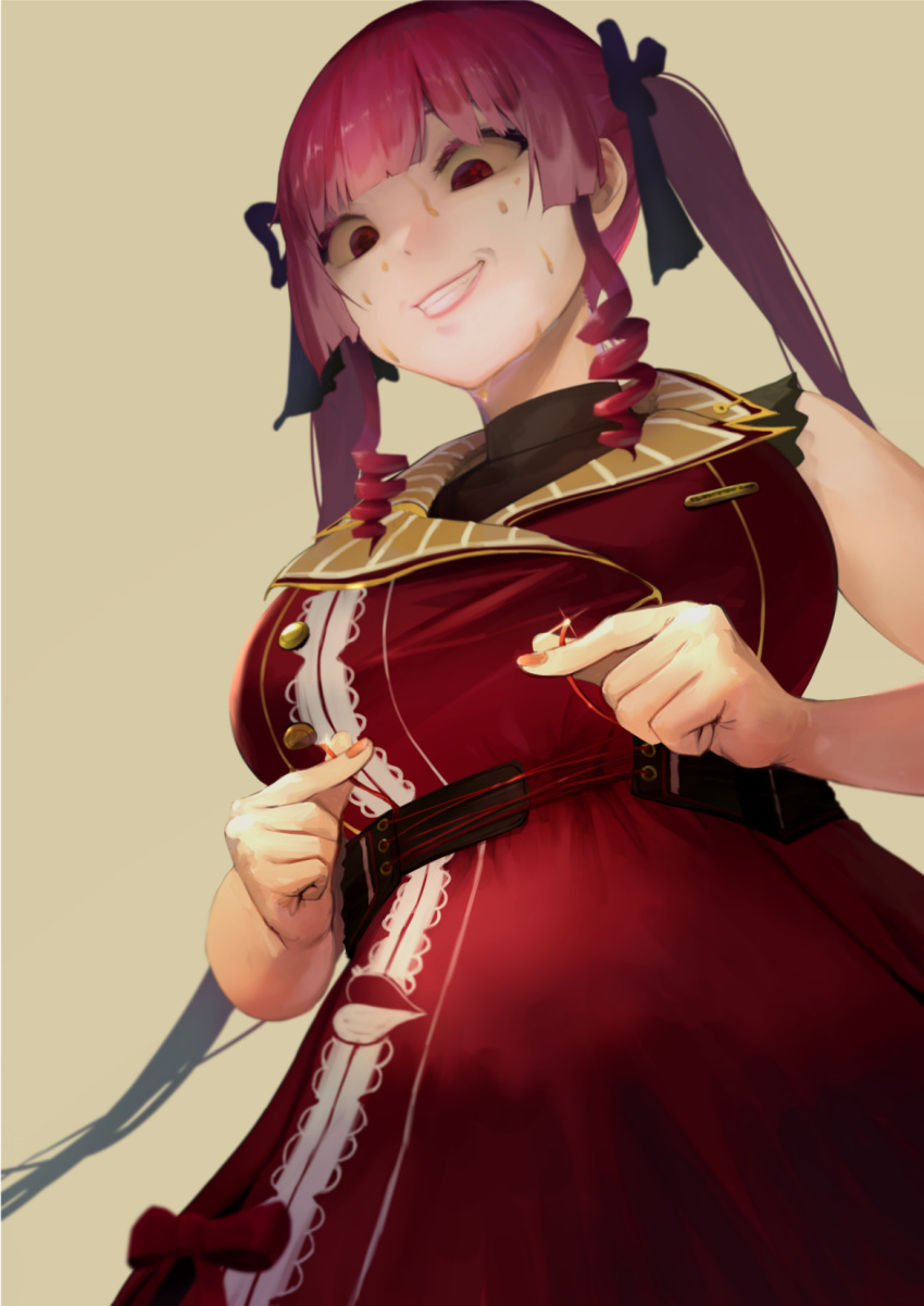1girl beige_background belt black_shirt bow breasts dress drill_locks hair_behind_ear highres holding_string hololive houshou_marine large_breasts red_bow red_dress red_eyes shaded_face shirt smile solo sweat sweating_profusely tomato_salad_(picfile) twintails virtual_youtuber