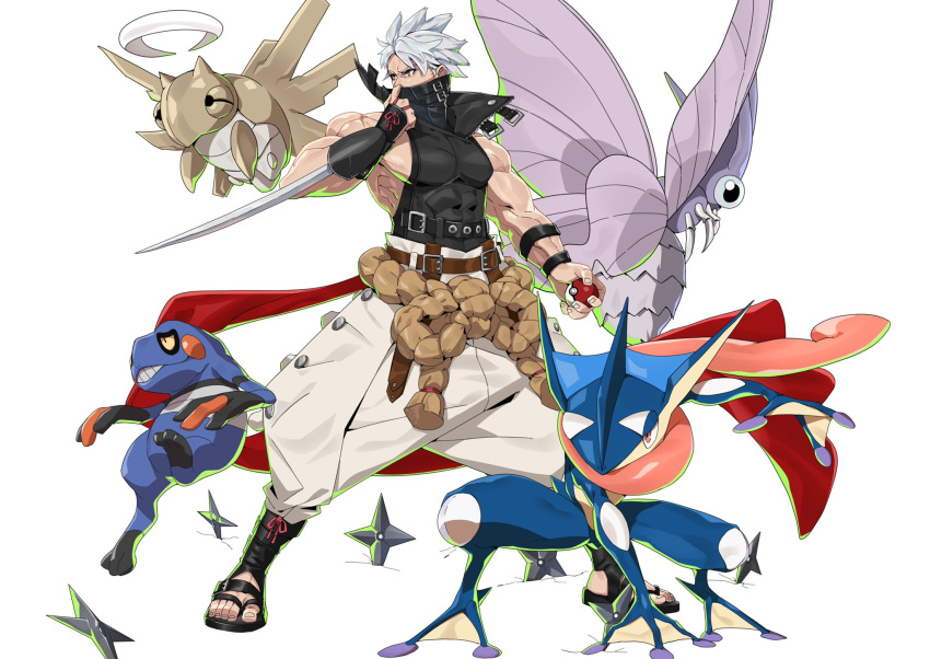 1boy belt black_belt bug chipp_zanuff croagunk crossover gen_1_pokemon gen_3_pokemon gen_4_pokemon gen_6_pokemon greninja guilty_gear guilty_gear_strive highres holding holding_poke_ball insect japanese_clothes makai male_focus muscular muscular_male pectorals poke_ball pokemon red_eyes shedinja simple_background sleeveless spiked_hair standing toeless_footwear venomoth weapon white_background white_hair wings