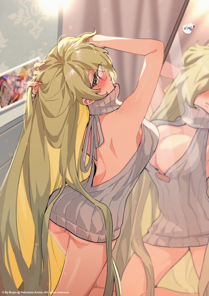 1girl absurdres ass back_cutout blush bugie clothing_cutout commission commissioner_upload del_(dendroai) destiny_(dendroai) glasses green_eyes green_hair hand_in_hair highres long_hair looking_at_viewer meme_attire mirror original solo standing thighs very_long_hair virgin_killer_sweater