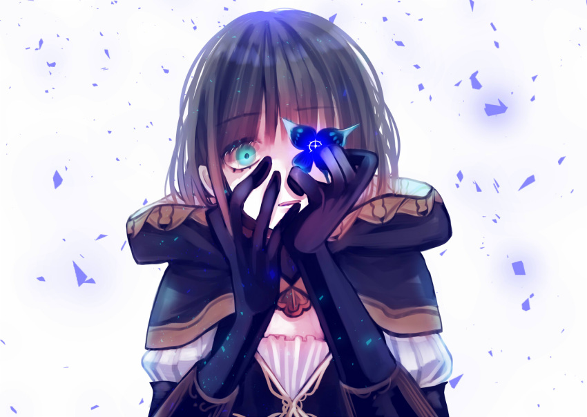 1boy :o bangs black_butterfly black_gloves brown_hair brown_hood bug butterfly covering_one_eye gloves glowing green_eyes gretel_(sinoalice) hair_between_eyes insect long_sleeves looking_at_viewer open_mouth otoko_no_ko short_hair simple_background sinoalice solo towada-san_(thank39) white_background