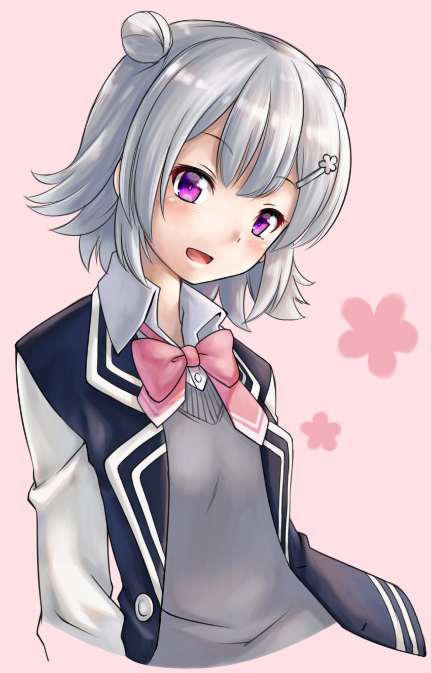 1girl ascot blazer blue_jacket cevio commentary cropped_torso double_bun grey_hair grey_sweater hair_ornament hairclip highres jacket koharu_rikka looking_at_viewer not_makigai open_mouth pink_background pink_neckwear purple_eyes school_uniform short_hair smile solo sweater synthesizer_v upper_body