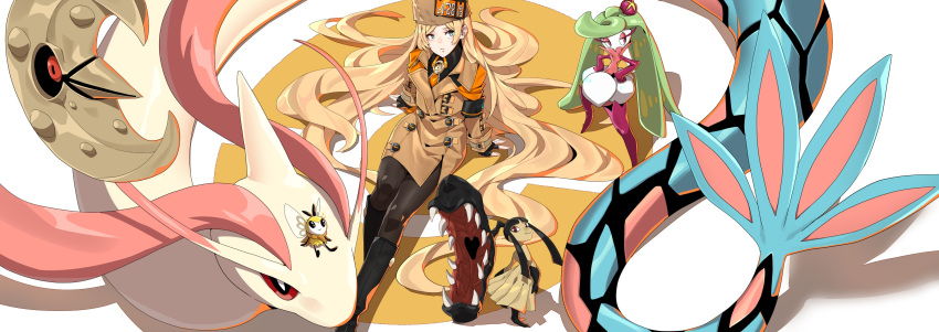 1girl absurdres armband black_footwear black_legwear blonde_hair boots brown_coat brown_headwear coat crossover gen_3_pokemon gen_7_pokemon guilty_gear guilty_gear_strive hands_on_hips hat highres knee_boots long_hair long_sleeves lunatone makai mawile millia_rage milotic pantyhose parted_lips poke_ball_symbol pokemon pokemon_(creature) ribombee simple_background sitting tsareena very_long_hair white_background