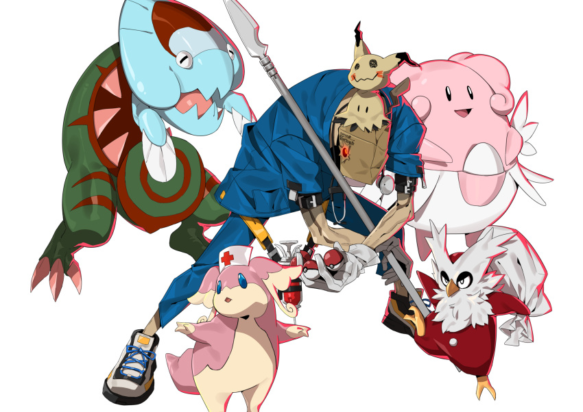 1boy absurdres audino bag bag_over_head bent_over blissey blue_pants blue_shirt crossover delibird dracovish egg faust_(guilty_gear) gen_2_pokemon gen_5_pokemon gen_7_pokemon gen_8_pokemon gloves guilty_gear guilty_gear_strive hat highres holding holding_poke_ball makai male_focus mimikyu nurse_cap on_head pants paper_bag poke_ball pokemon pokemon_(creature) polearm shirt shoes simple_background sneakers stethoscope syringe weapon white_background white_gloves