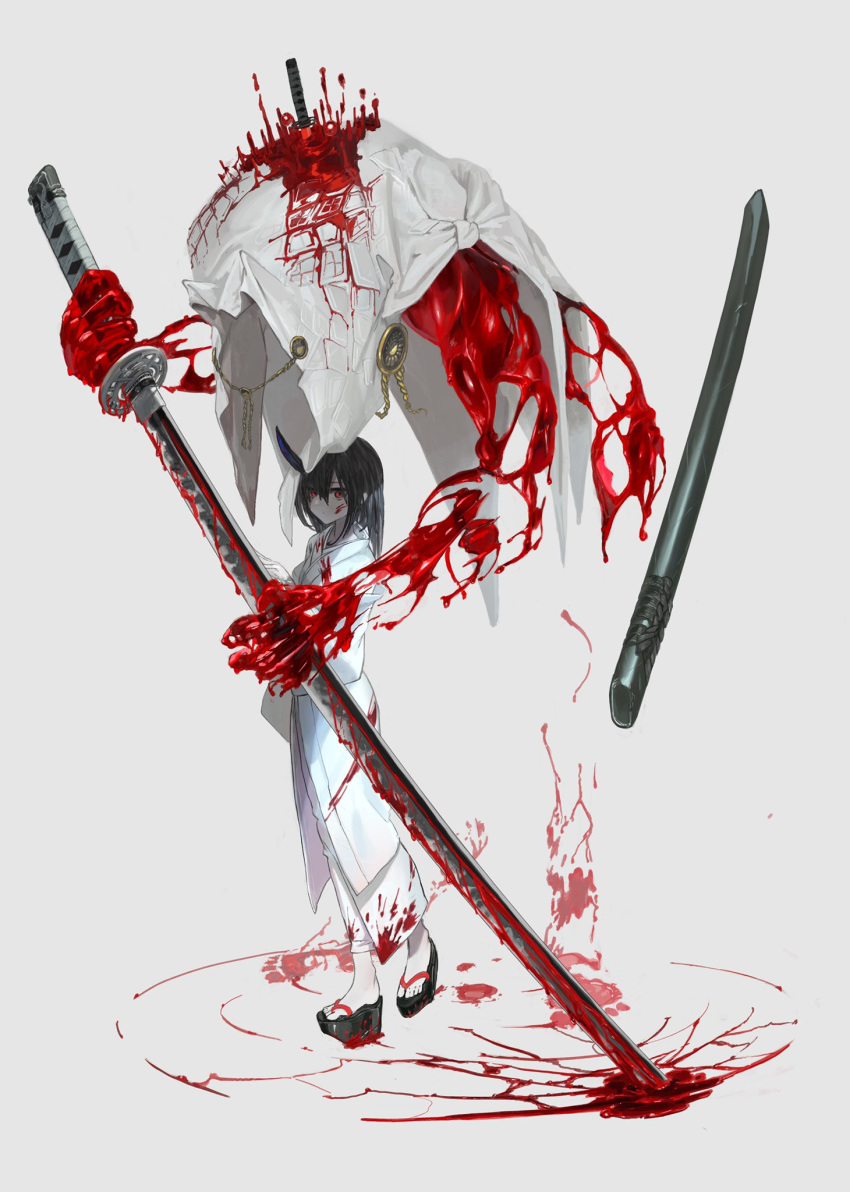 1other androgynous bangs black_hair blood blood_on_face blood_on_ground blood_stain bloody_clothes bloody_hands bloody_weapon demon footprints full_body geta highres holding holding_sword holding_weapon horns invisible japanese_clothes katana kimono long_hair long_sleeves obi okobo oni_horns original pale_skin red_eyes sash sheath simple_background single_horn skirt standing sword toriseka weapon white_background white_kimono white_sash white_skirt wide_sleeves