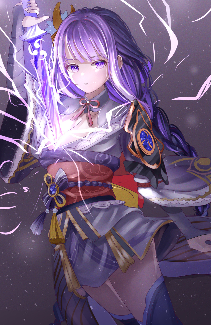 1girl absurdres bangs blunt_bangs bow bowtie braid breasts cleavage commentary detached_collar eyebrows_visible_through_hair genshin_impact hair_ornament highres holding holding_sword holding_weapon hya_ro japanese_clothes lightning long_hair long_sleeves looking_at_viewer low_ponytail mole mole_under_eye obi parted_lips purple_eyes purple_hair raiden_(genshin_impact) sash sidelocks single_braid solo sword thighhighs weapon wide_sleeves zettai_ryouiki