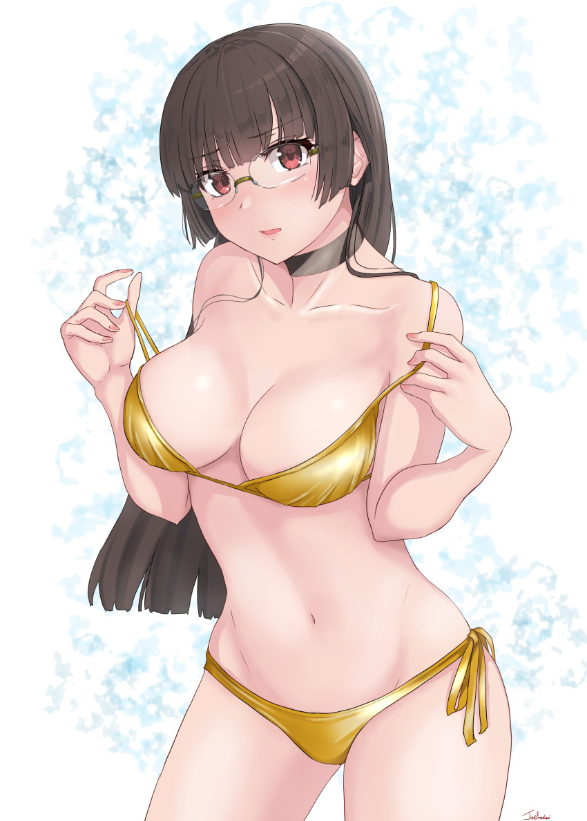 1girl absurdres bangs bikini black_hair blunt_bangs breasts brown_hair choker choukai_(kancolle) cleavage commentary_request contrapposto glasses gold_bikini gold_swimsuit highres jousanrou kantai_collection large_breasts long_hair red_eyes rimless_eyewear shiny shiny_swimsuit side-tie_bikini solo standing swimsuit