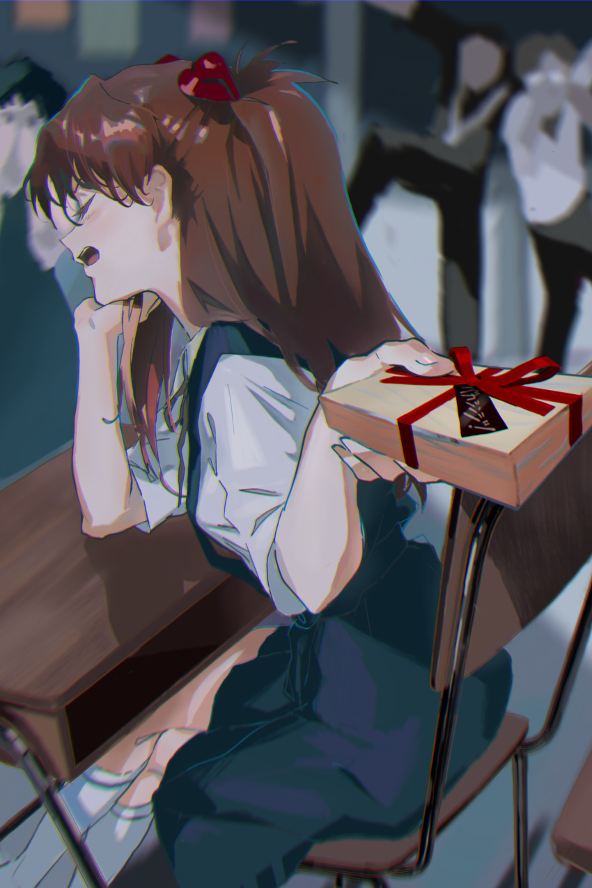 1girl absurdres aida_kensuke bow box brown_hair chair chromatic_aberration closed_mouth commentary_request from_behind hair_bow highres kneehighs neon_genesis_evangelion open_mouth piasu029 red_bow school school_chair school_uniform shirt sitting skirt socks solo_focus souryuu_asuka_langley suzuhara_touji table tsundere two_side_up valentine