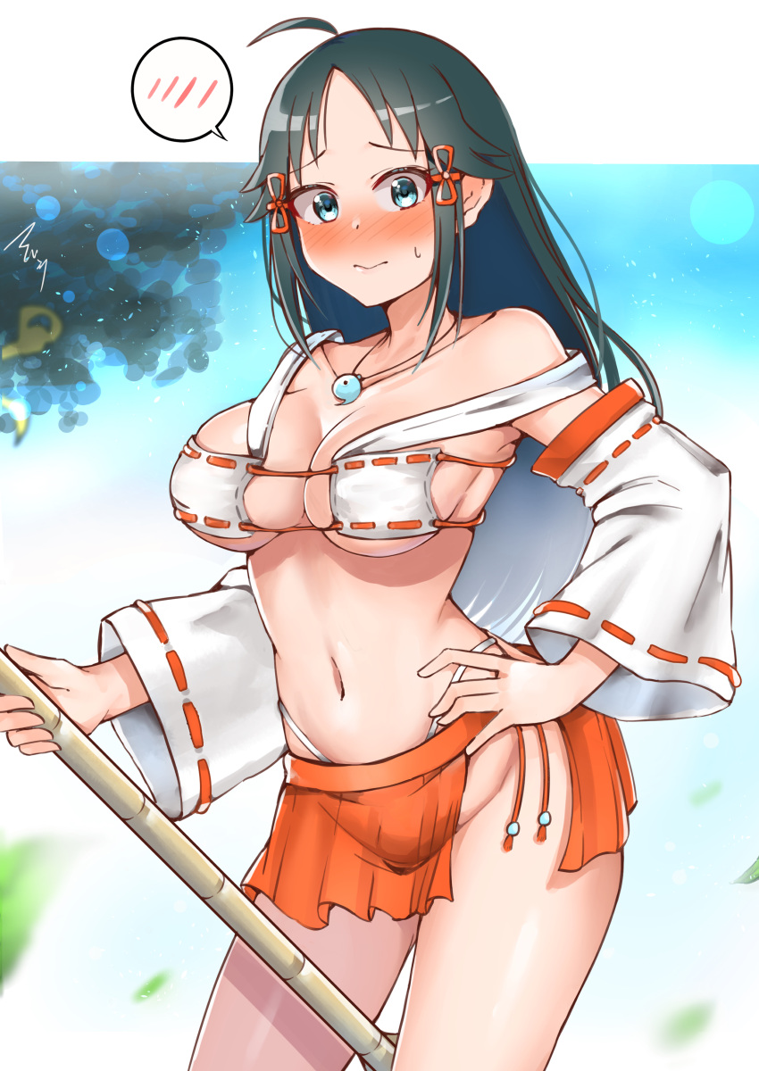 1girl absurdres ahoge aqua_eyes bamboo_broom bare_shoulders black_hair blurry blurry_background blush breasts broom cleavage closed_mouth collarbone cowboy_shot eyepatch_bikini forehead full-face_blush hand_on_hip highleg highleg_panties highres idolmaster idolmaster_cinderella_girls japanese_clothes jewelry long_hair looking_at_viewer mabanna miko nanjou_hikaru navel necklace older outside_border panties revealing_clothes sidelocks signature skindentation skirt solo speech_bubble spoken_blush swimsuit underwear wide_sleeves