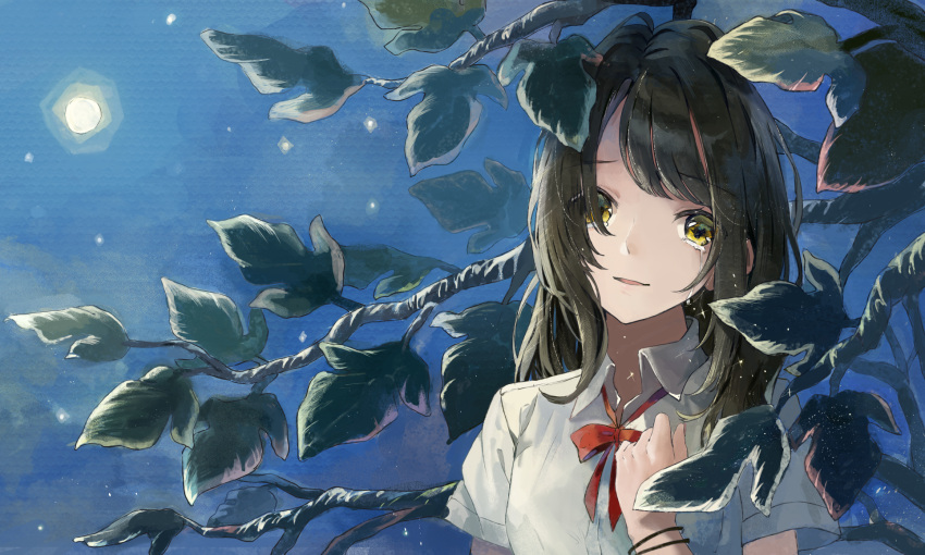 1girl blue_sky branch brown_hair collared_shirt commentary_request crying crying_with_eyes_open dress_shirt eyebrows_visible_through_hair eyes_visible_through_hair full_moon hair_over_one_eye hand_up head_tilt highres leaf light_smile long_hair looking_at_viewer loose_neckwear moon moonlight neck_ribbon night original outdoors parted_lips red_neckwear red_ribbon ribbon sad_smile shi-ro shirt short_sleeves sky solo sparkle star_(sky) starry_sky streaming_tears tears texture upper_body white_shirt wristband yellow_eyes
