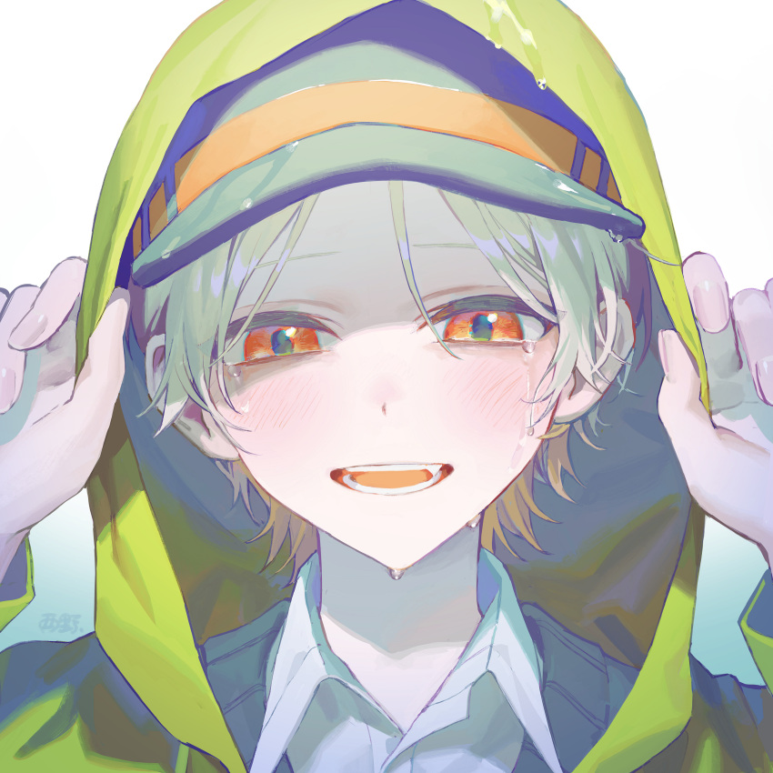 1boy absurdres baseball_cap black_headwear blonde_hair blue_background coat collared_shirt commentary_request crying crying_with_eyes_open fang gradient gradient_background green_coat hands_up hat highres hood hood_up hooded_coat light_blush long_sleeves looking_at_viewer male_focus open_mouth orange_eyes original portrait shirt short_hair smile solo tears teeth torino_kawazu very_short_hair wet_face white_background