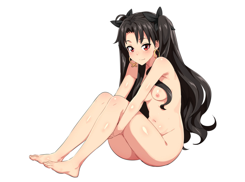 1girl barefoot black_ribbon blush breasts brown_hair closed_mouth earrings fate/grand_order fate_(series) from_side hair_ribbon highres hoop_earrings hugging_own_legs ishtar_(fate) ishtar_(fate)_(all) jewelry long_hair medium_breasts nipples nude red_eyes ribbon shin'ya_(shin'yanchi) simple_background sitting smile solo two_side_up very_long_hair white_background