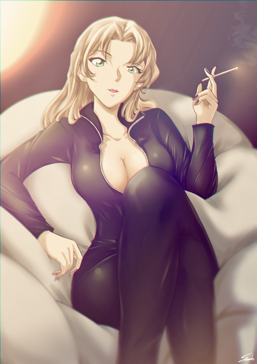 1girl black_bodysuit black_nails blonde_hair bodysuit breasts cleavage closed_mouth collarbone crossed_legs eyebrows_visible_through_hair green_eyes hair_intakes highres large_breasts lipstick long_hair looking_at_viewer makeup meitantei_conan nail_polish partially_unzipped signature sitting solo sooma4869 vermouth_(meitantei_conan)