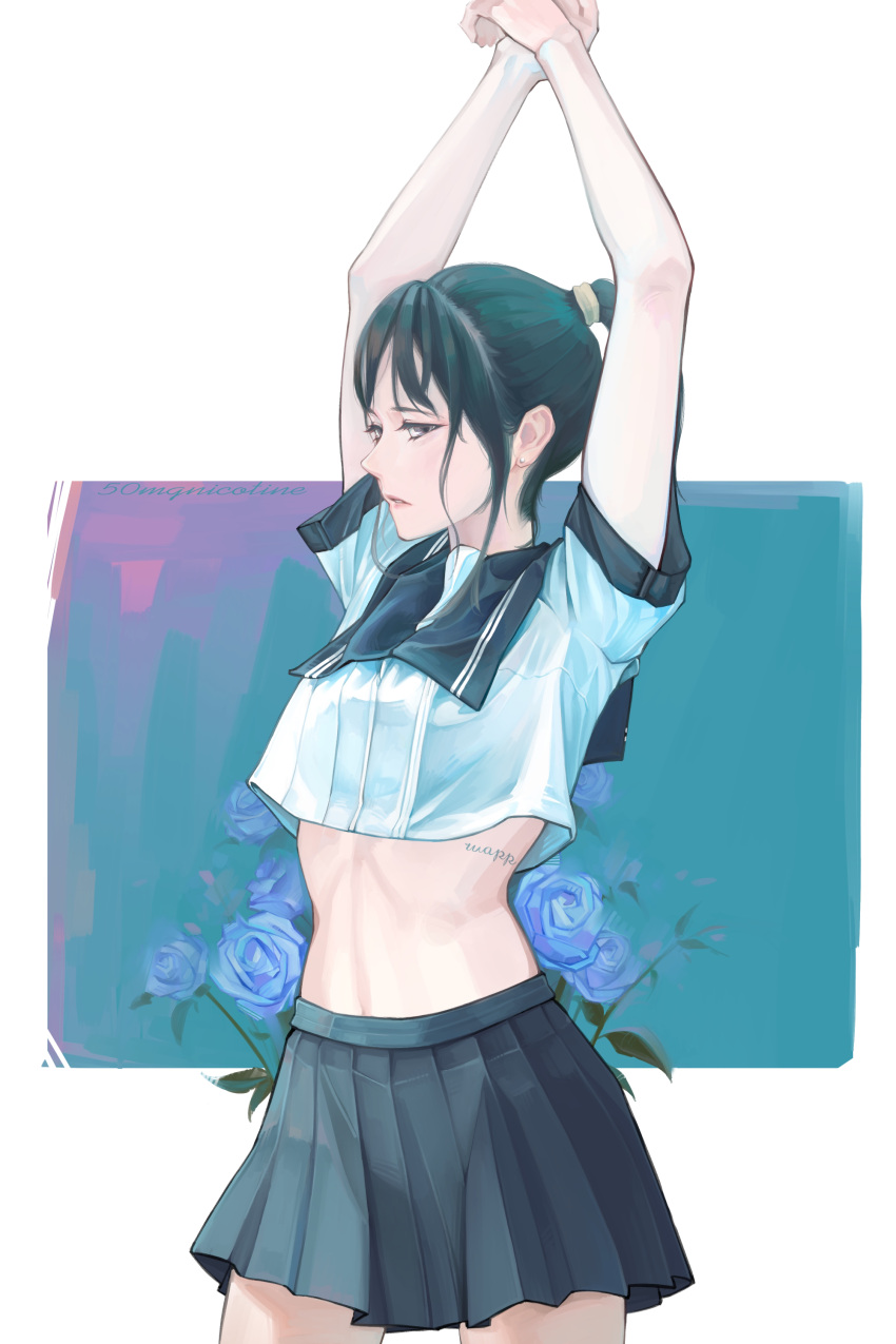 1girl 50mgnicotine absurdres arms_up black_neckwear blue_flower blue_rose earrings flower grey_eyes highres jewelry long_hair looking_at_viewer midriff original parted_lips ponytail rose school_uniform serafuku signature skirt stud_earrings uniform