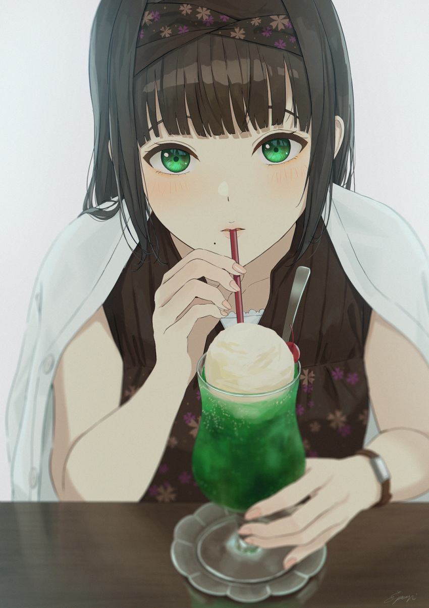 1girl bangs bare_arms black_dress black_hair black_hairband blunt_bangs cherry commentary dress drinking_straw_in_mouth english_commentary food fruit green_eyes grey_background hairband highres ice_cream ice_cream_float kurosawa_dia long_hair looking_at_viewer love_live! love_live!_sunshine!! mole mole_under_mouth papi_(papiron100) shirt shirt_on_shoulders signature simple_background soft_focus solo table watch white_shirt wristwatch