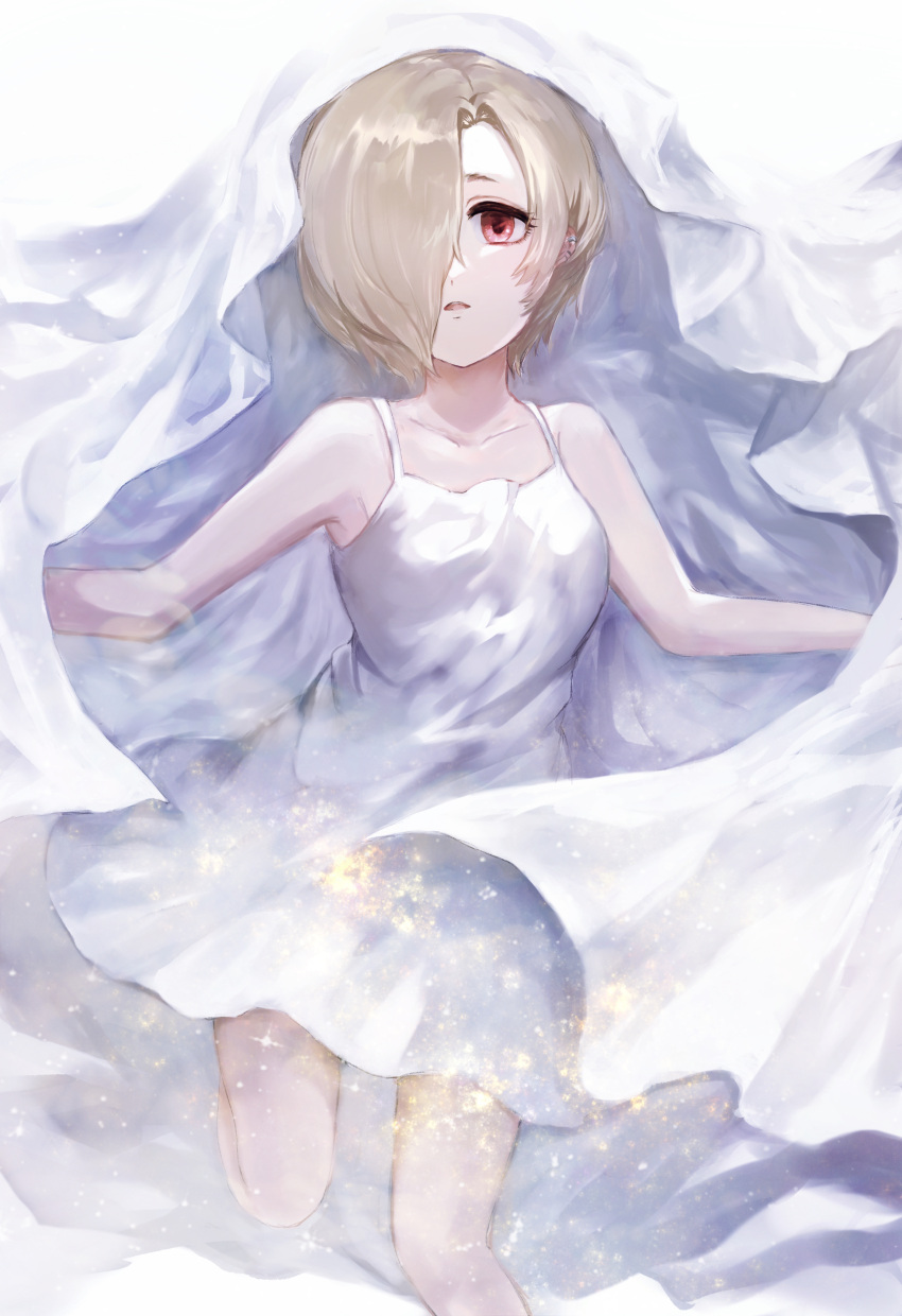 1girl absurdres blonde_hair collarbone dress hair_over_one_eye highres idolmaster idolmaster_cinderella_girls kuromitsu_maria leg_up looking_at_viewer open_mouth red_eyes shiny shiny_hair shirasaka_koume short_dress short_hair sleeveless sleeveless_dress solo spaghetti_strap white_dress