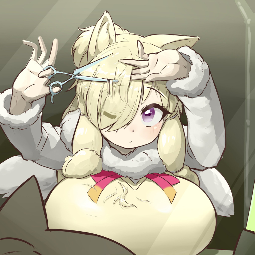 1girl alpaca_ears alpaca_suri_(kemono_friends) alternate_breast_size animal_ears arms_up bangs blonde_hair breasts closed_mouth cutting_hair expressionless eyebrows_visible_through_hair eyes_visible_through_hair fur-trimmed_sleeves fur_scarf fur_trim hair_bun hair_over_one_eye highres holding holding_scissors horizontal_pupils huge_breasts kemono_friends long_hair long_sleeves looking_up miji_doujing_daile mirror neck_ribbon one_eye_closed purple_eyes reflection ribbon scarf scissors shirt solo sweater_vest upper_body