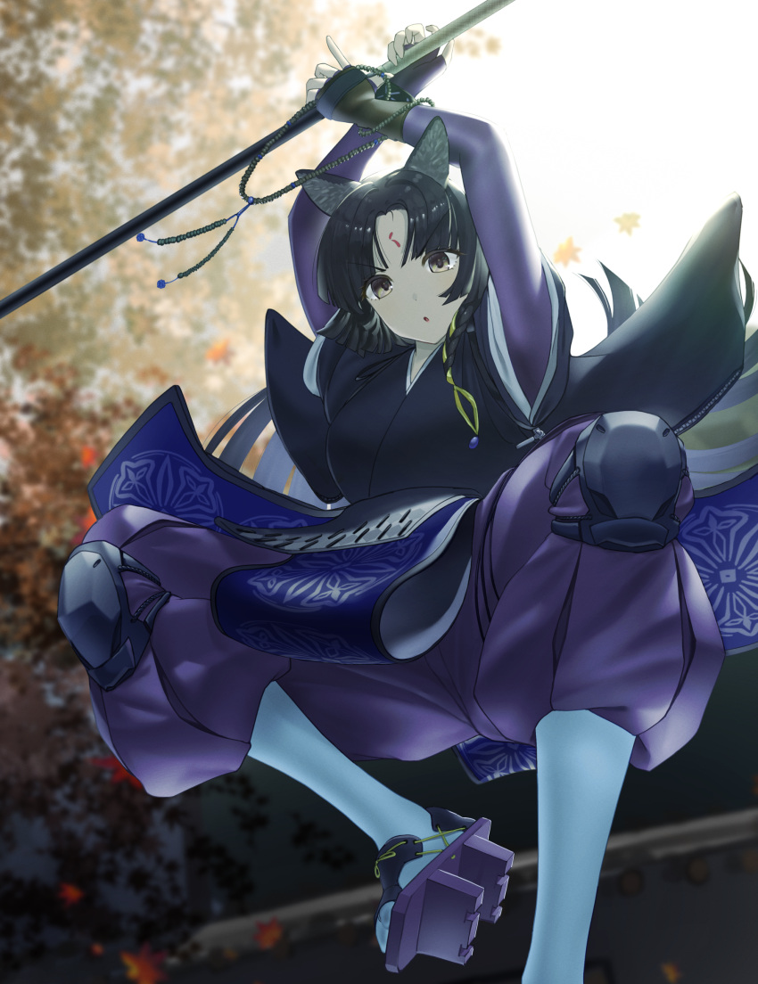 1girl :o absurdres animal_ears arknights bangs black_hair black_kimono brown_eyes chinese_commentary commentary dog_ears foot_out_of_frame geta highres holding holding_polearm holding_spear holding_weapon japanese_clothes kimono knee_pads long_hair long_sleeves looking_at_viewer makino naginata pants parted_lips polearm purple_pants saga_(arknights) solo spear tabi weapon white_legwear wide_sleeves