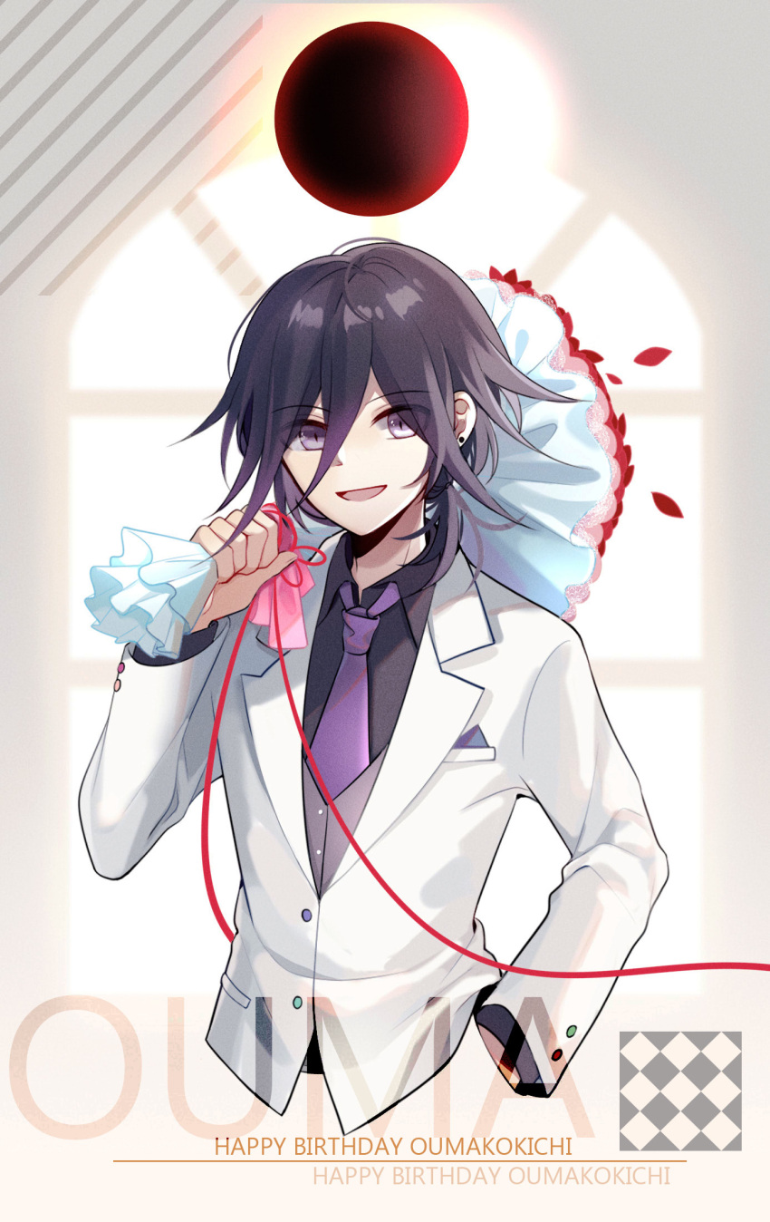 1boy :d alternate_costume bangs black_hair black_shirt bouquet character_name collared_shirt commentary_request cropped_torso danganronpa_(series) danganronpa_v3:_killing_harmony ear_piercing flower grey_vest hair_between_eyes hand_in_pocket happy_birthday highres holding holding_bouquet jacket long_sleeves looking_at_viewer male_focus necktie open_mouth ouma_kokichi piercing pink_eyes purple_eyes purple_neckwear qiao_xing red_flower red_ribbon ribbon shiny shiny_hair shirt smile solo upper_body vest white_jacket