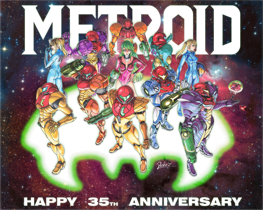 1girl anniversary arm_cannon blonde_hair bodysuit breasts cleavage dustin_wilkinson_(ozkai) fusion_suit gravity_suit green_hair headwear_removed helmet helmet_removed highres justin_bailey leotard long_hair looking_at_viewer metroid metroid_(classic) metroid_(creature) metroid_2:_return_of_samus metroid_dread metroid_fusion multiple_persona ponytail power_armor samus_aran space standing super_metroid varia_suit weapon zero_suit