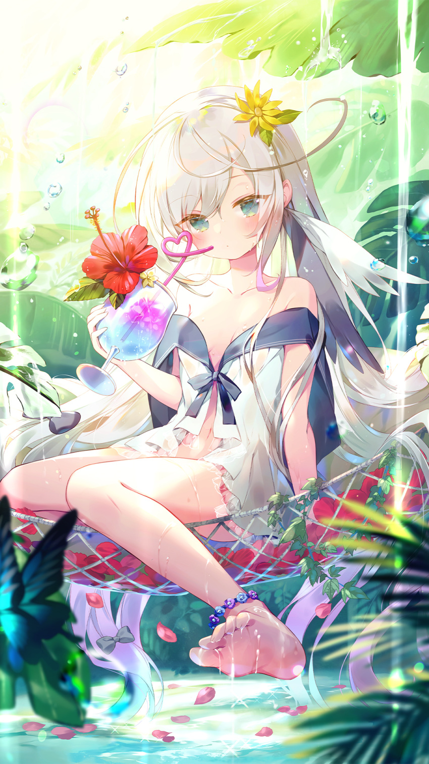 1girl anklet awae_iroha bare_shoulders bug butterfly collarbone cup drinking_glass emori_miku_project feet flower green_eyes hair_flower hair_ornament hammock hibiscus highres holding hurricane_glass ibara_riato insect jewelry long_hair looking_at_viewer off_shoulder open_clothes open_shirt shirt silver_hair sitting solo tropical_drink very_long_hair wet white_shirt