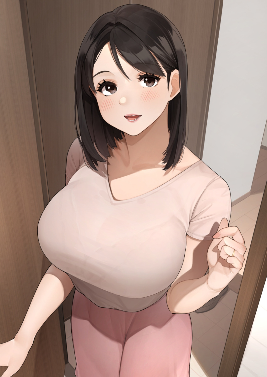 1girl bangs black_hair blush bra_through_clothes breasts brown_eyes brown_hair commentary_request highres indoors large_breasts lips long_hair looking_at_viewer mature_female open_mouth original pov_doorway reward_available sakura_no_tomoru_hi_e see-through shirt short_sleeves skirt smile solo t-shirt