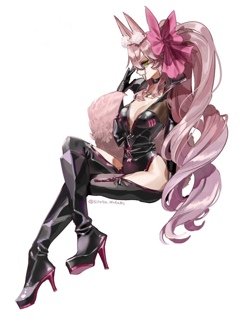 1girl animal_ear_fluff animal_ears bangs black_bodysuit bodysuit boots bow breasts center_opening choker cleavage crossed_legs elbow_gloves fate/grand_order fate_(series) fox_ears fox_girl fox_tail glasses gloves hair_between_eyes hair_bow high_collar high_heel_boots high_heels highres hip_vent invisible_chair koyanskaya_(fate) large_breasts long_hair looking_at_viewer partially_unzipped pink_bow pink_hair ponytail sirasu_wakame sitting smile solo tail tamamo_(fate)_(all) very_long_hair white_background yellow_eyes