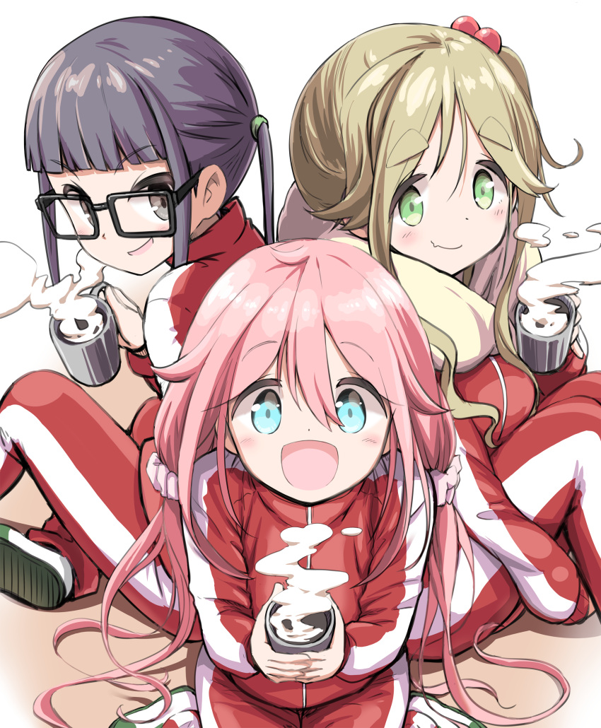 3girls :d absurdres aqua_eyes black_eyes black_hair blonde_hair cup eyebrows_visible_through_hair fang glasses green_eyes hair_bobbles hair_ornament highres holding inuyama_aoi kagamihara_nadeshiko knees_up looking_at_viewer multiple_girls n2midori oogaki_chiaki open_mouth pink_hair scrunchie shoes side_ponytail sitting skin_fang smile steam thick_eyebrows track_suit twintails uwabaki wariza yurucamp