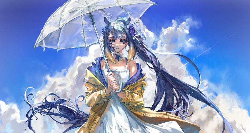 1girl absurdres bangs black_hair cloud flat_chest floating_hair flower hair_flower hair_ornament highres holding holding_umbrella hololive hololive_english jacket latin_commentary long_hair ninomae_ina'nis off_shoulder pointy_ears ponytail purple_flower quasarcake sky smile solo tentacle_hair transparent transparent_umbrella umbrella very_long_hair virtual_youtuber yellow_jacket