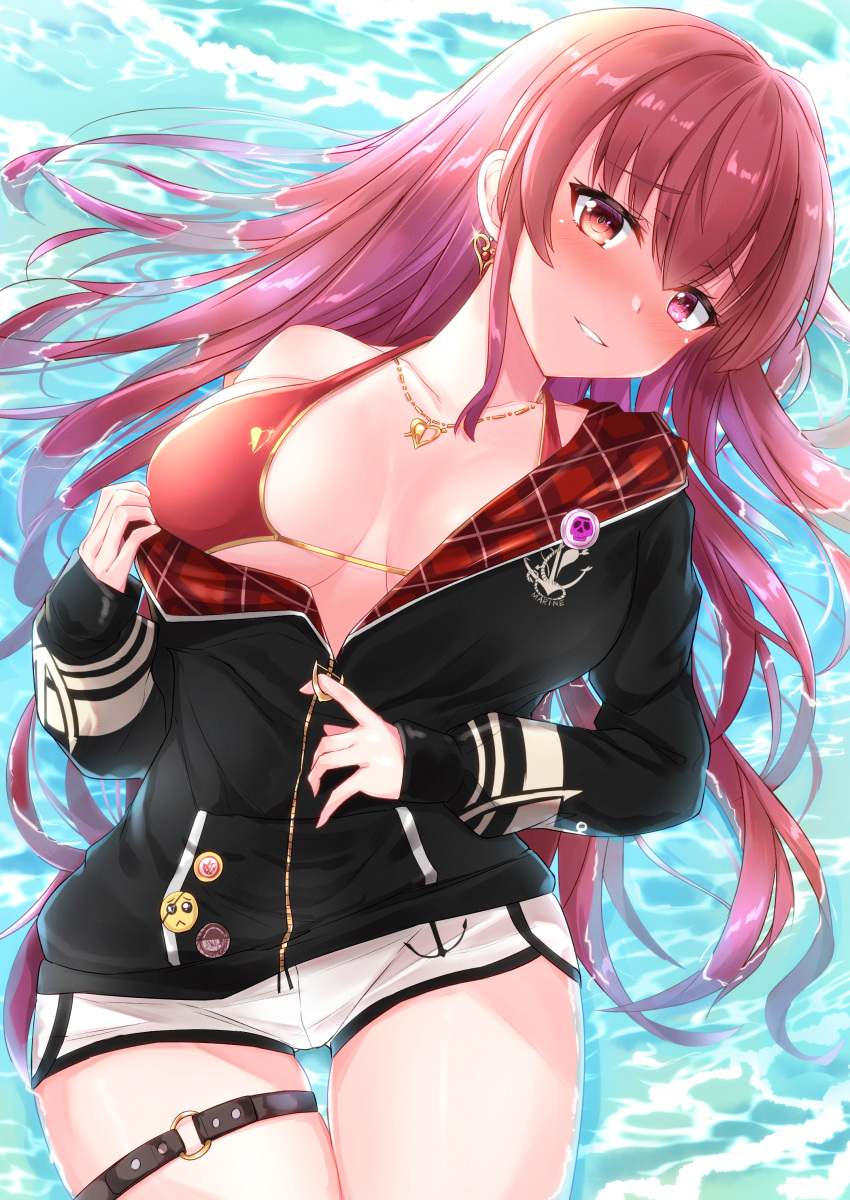 1girl absurdres anchor_print arrow_through_heart badge bangs bikini bikini_top black_jacket blush breasts button_badge dolphin_shorts earrings eyebrows_visible_through_hair hair_down heart heart_earrings heart_necklace heckler_kai highres hololive houshou_marine jacket jewelry large_breasts long_hair looking_at_viewer lying official_alternate_costume on_back open_clothes open_jacket parted_lips plaid red_eyes red_hair shorts smile solo straight_hair swimsuit thigh_gap thigh_strap unzipping very_long_hair virtual_youtuber water wet wet_clothes wet_hair