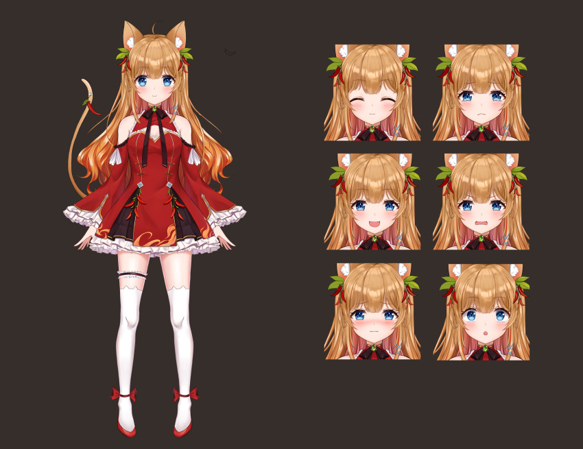1girl :3 :d :o ^_^ absurdres angry animal_ear_fluff animal_ear_legwear animal_ears blush brown_hair cat_ears cat_tail chili_pepper_hair_ornament closed_eyes dress expressions frilled_dress frilled_sleeves frills frown full_body gradient_hair highres leg_garter live2d long_hair multicolored_hair open_mouth orange_hair original qingtang_mala sad smile standing tail thighhighs v-shaped_eyebrows white_legwear wide_sleeves zettai_ryouiki