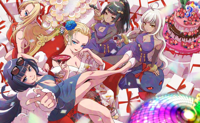 5girls ahoge animal bandana bangs billy_kane black_hair blonde_hair blue_eyes blue_flower blunt_bangs breasts cake candle cat cleavage cleavage_cutout closed_mouth clothing_cutout cup dark-skinned_female dark_skin disco_ball dress drinking_glass eyeliner eyewear_on_head fake_facial_hair fake_mustache fatal_fury flower food forehead geese_howard genderswap genderswap_(mtf) gyudonnoyousei hair_flower hair_ornament hair_slicked_back hakama hand_up head_rest holding holding_cup holding_mustache japanese_clothes lady_geese_howard lipstick long_hair looking_at_viewer makeup mr_big_(snk) multiple_girls original_zero pastry pointing pointing_at_viewer ponytail pretty_big pretty_billy_kane pretty_zero_(clone) pretty_zero_(original) purple_dress red_dress red_lips ryuuko_no_ken short_hair sitting smile smirk snk the_king_of_fighters the_king_of_fighters_all-stars throne zero_(kof)