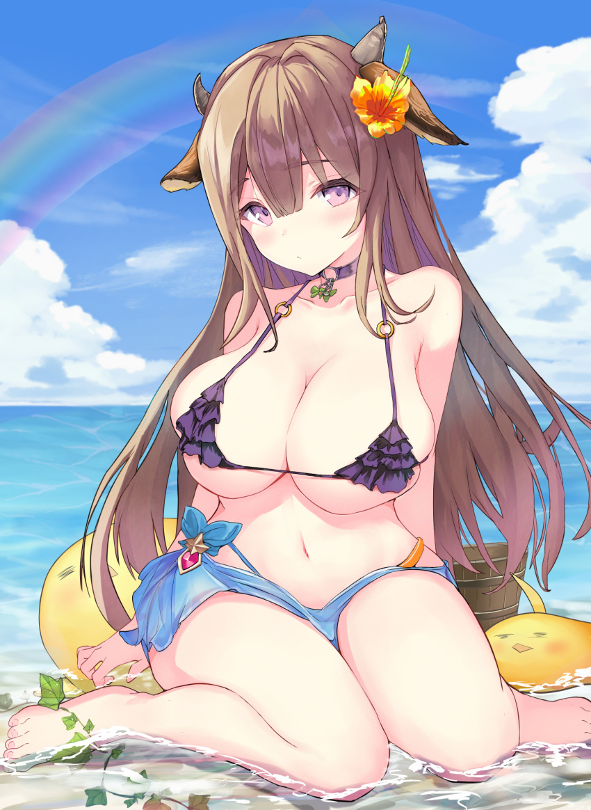 1girl :o animal_ears arms_behind_back azur_lane bangs bare_shoulders beach bikini bikini_skirt bikini_top breast_press breasts brown_hair bucket choker cleavage collar cow_ears cow_girl cow_horns feet flower frilled_bikini frills hair_flower hair_ornament highres horns in_water kashino_(azur_lane) kneeling large_breasts legs_together looking_at_viewer navel otsusou purple_eyes skindentation skirt swimsuit wet