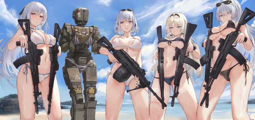 1other 4girls absurdres ak-12 ak-12_(girls'_frontline) ak-15 ak-15_(girls'_frontline) alternate_breast_size an-94 an-94_(girls'_frontline) aqua_eyes artist_name ass_visible_through_thighs assault_rifle bandeau bangs bare_arms bare_legs bare_shoulders beach bikini black_bikini blonde_hair blue_eyes blush braid breast_squeeze breasts choker closed_mouth cloud cloudy_sky collarbone covered_nipples cyclops_(girls'_frontline) daisy dated defy_(girls'_frontline) dual_wielding eyebrows_visible_through_hair eyewear_on_head flower french_braid front-tie_bikini front-tie_top girls'_frontline grey_hair groin_tendon gun hair_flower hair_ornament hairband halter_top halterneck highres holding holding_gun holding_weapon humanoid_robot kalashnikov_rifle large_breasts linea_alba long_hair looking_at_viewer looking_down machinery marigold multiple_girls navel odd_one_out outdoors parted_lips purple_eyes rifle rpk-16 rpk-16_(girls'_frontline) sawkm short_hair side-tie_bikini silver_hair skindentation sky smile standing string_bikini striped striped_bikini sunglasses swimsuit tally weapon wet white_bikini