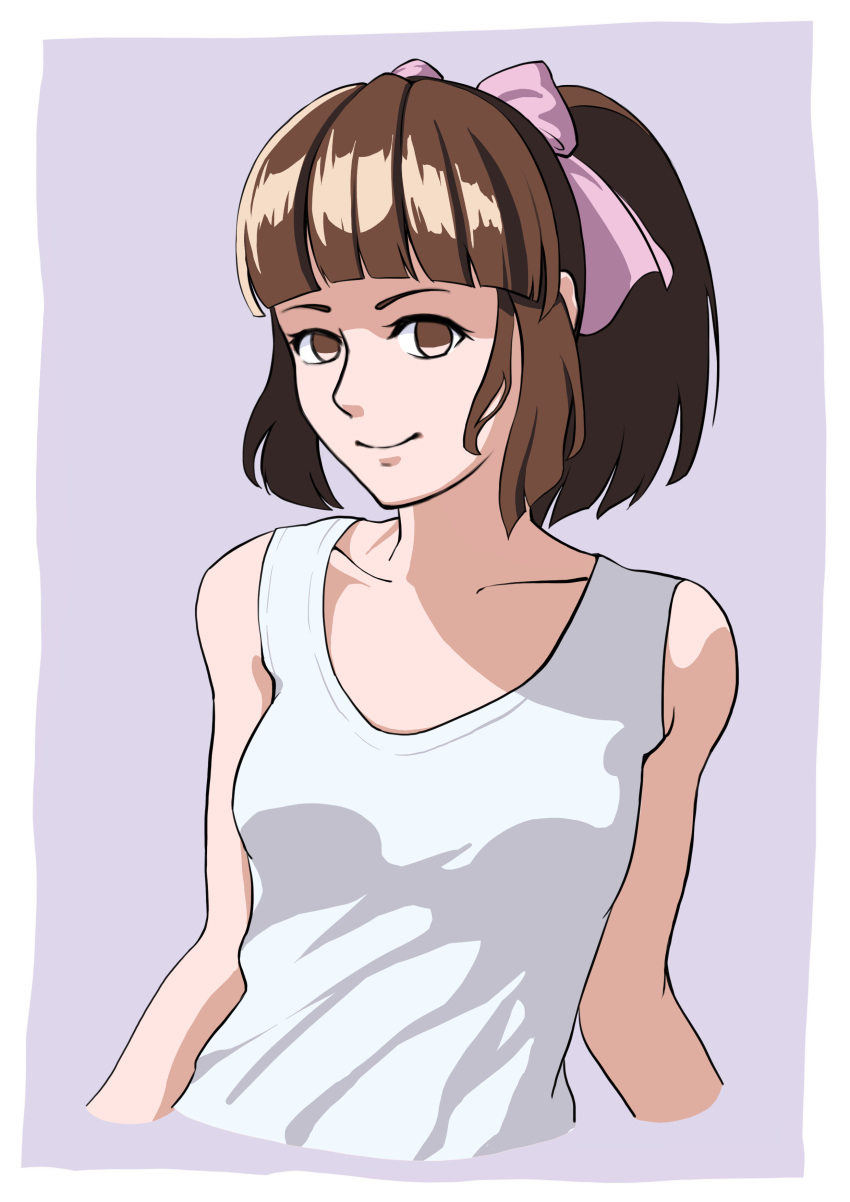 1girl absurdres arikura_tomoko bangs blunt_bangs bow brown_eyes brown_hair grey_background hair_bow highres medium_hair nogreen oniisama_e... pink_bow ponytail shirt simple_background sleeveless smile upper_body white_shirt