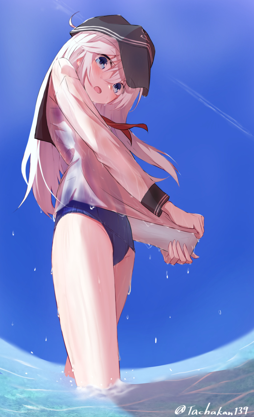 1girl alternate_costume anchor_symbol blue_eyes blue_sky blush flat_cap hair_between_eyes hat hibiki_(kancolle) highres in_water kantai_collection long_hair long_sleeves looking_at_viewer looking_down neckerchief one-piece_swimsuit open_mouth school_swimsuit school_uniform serafuku shirt silver_hair sky swimsuit swimsuit_under_clothes tachakan water_drop wet wet_clothes wet_shirt