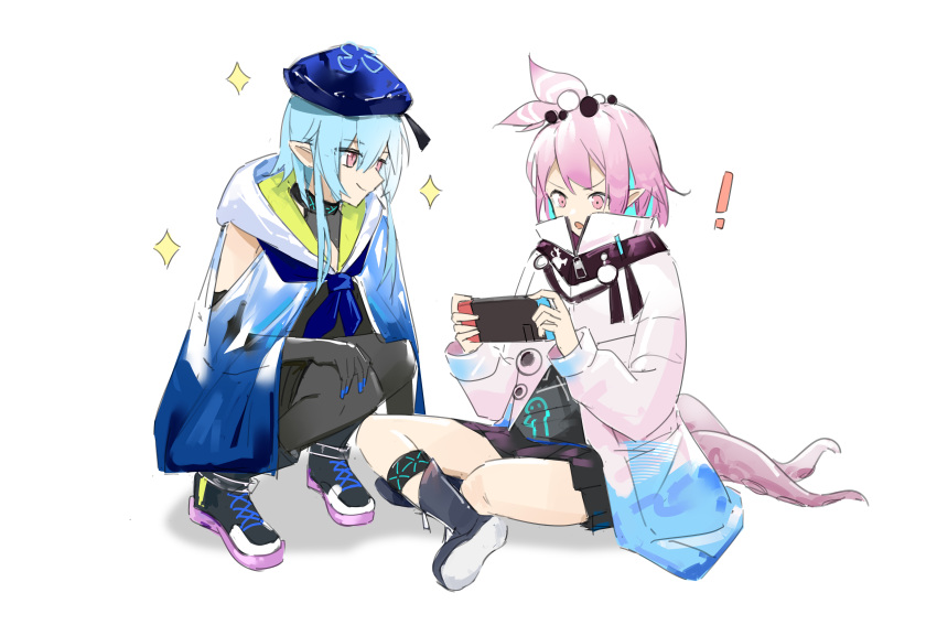 ! 1boy 1girl absurdres ankleband arknights black_footwear black_skirt blue_clothes blue_hair blue_headwear boots choker hair_ornament hat highres holding jacket kirara_(arknights) krisame_amane long_sleeves mizuki_(arknights) multicolored multicolored_clothes multicolored_hair nintendo_switch pink_clothes pink_eyes pink_hair pointy_ears shirt shoelaces short_hair skirt smile sparkle sparkle_background tentacles zipper_pull_tab