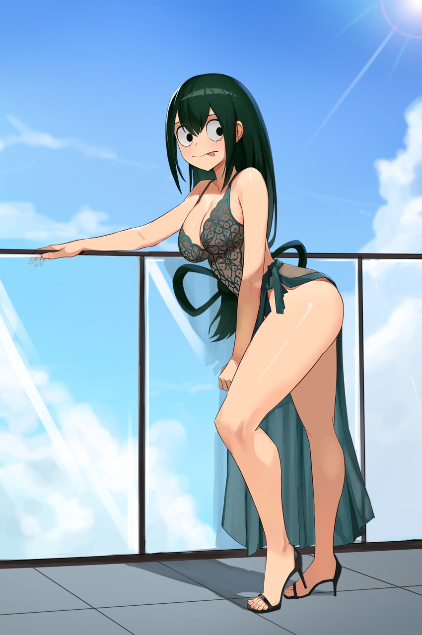 1girl :p asui_tsuyu black_eyes black_footwear black_hair blue_sky boku_no_hero_academia breasts cleavage cloud day dress frog_girl full_body high_heels highres jason_kim legs long_hair looking_at_viewer outdoors sandals shoes sky solo standing sunlight third-party_edit tongue tongue_out