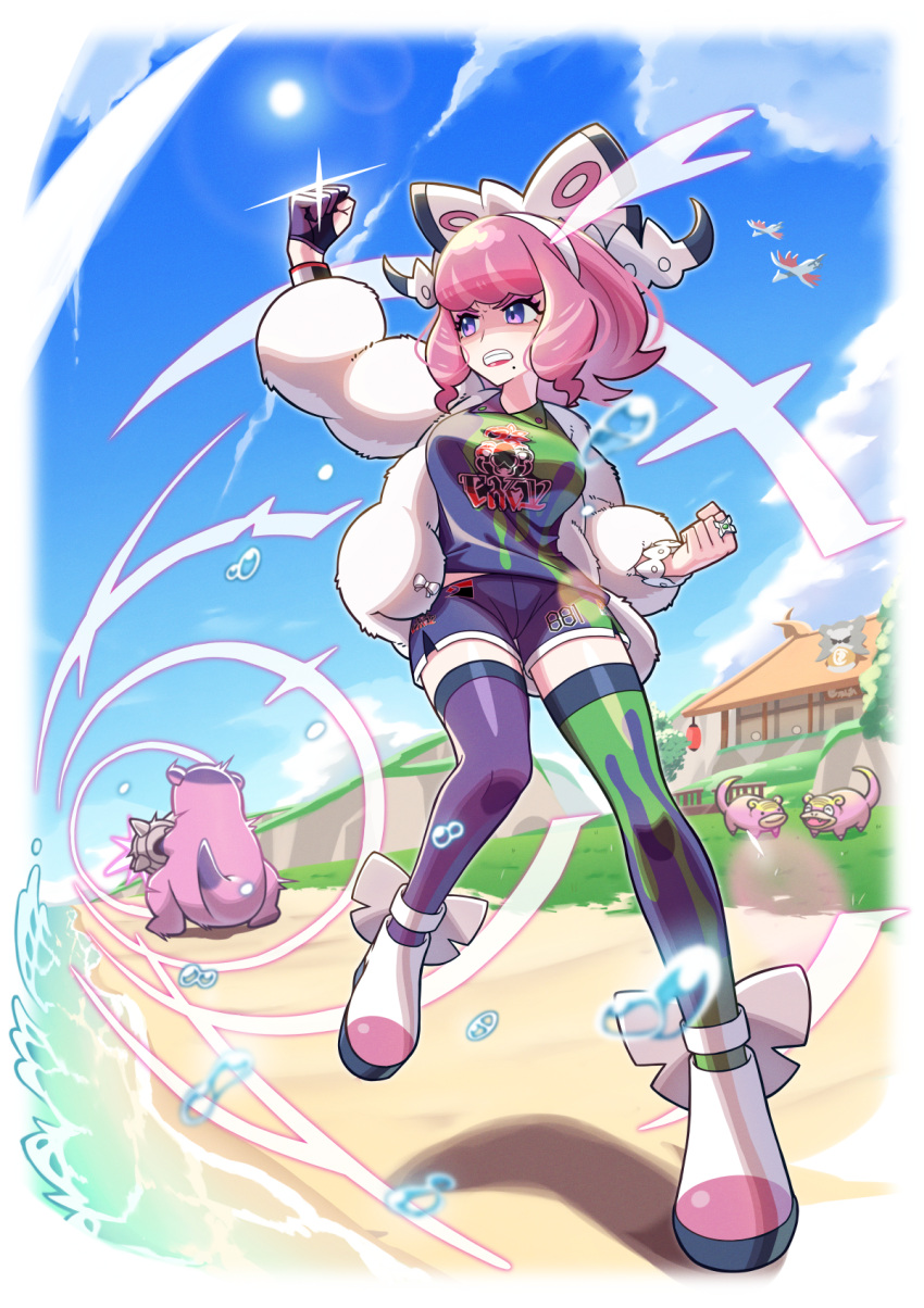1girl arm_up asymmetrical_legwear bangs bracelet breasts building clenched_hands clenched_teeth cloud collared_shirt commentary_request day dynamax_band eire_(sai_fuji) eyelashes eyeshadow fur_jacket galarian_form galarian_slowbro galarian_slowpoke gen_2_pokemon gen_8_pokemon gloves grass highres jacket jewelry klara_(pokemon) knees lens_flare makeup mismatched_legwear mole mole_under_mouth number outdoors partially_fingerless_gloves pink_eyeshadow pink_hair pink_lips pokemon pokemon_(creature) pokemon_(game) pokemon_swsh purple_eyes ring sand shirt shoes shore shorts single_glove skarmory sky standing sun teeth thighhighs water water_drop white_jacket