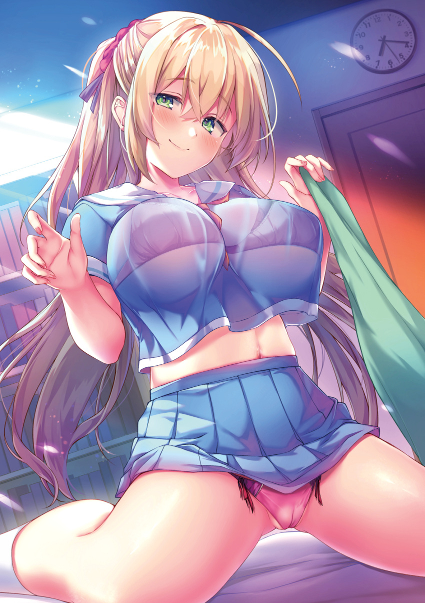 1girl ahoge between_breasts blonde_hair blue_shirt blue_skirt bra_through_clothes breasts cameltoe clock crop_top crop_top_overhang green_eyes hair_ornament hair_scrunchie highres kaniya_shiku large_breasts long_hair looking_at_viewer midriff miniskirt navel original panties partially_visible_vulva pink_panties pleated_skirt sailor_collar school_uniform scrunchie see-through serafuku shirt short_sleeves skirt smile solo spread_legs underwear